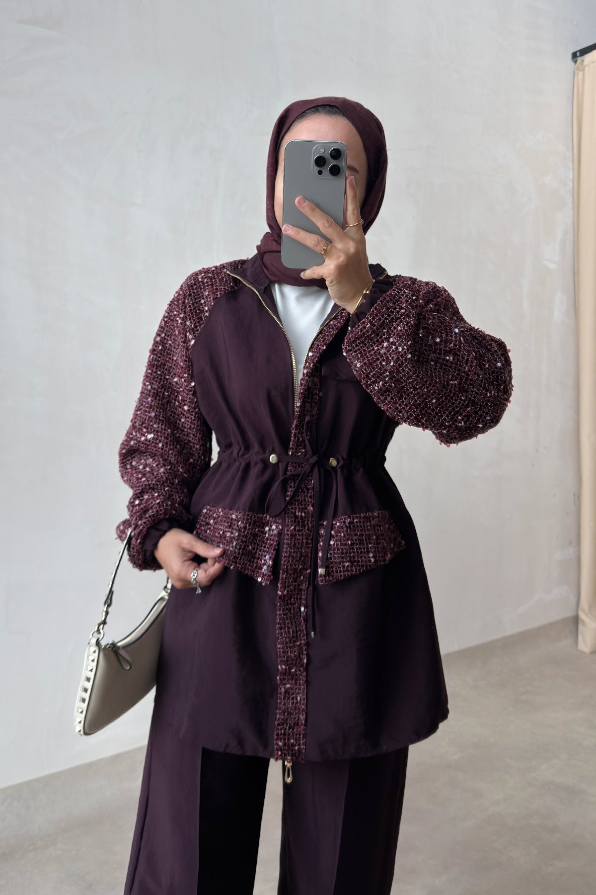Sequin Two-Piece Suit with Drawstring Waist - Burgundy