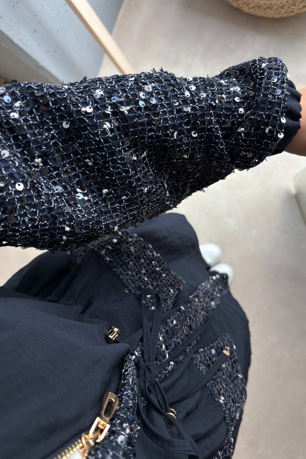 Sequin Two-Piece Suit with Drawstring Waist - Navy