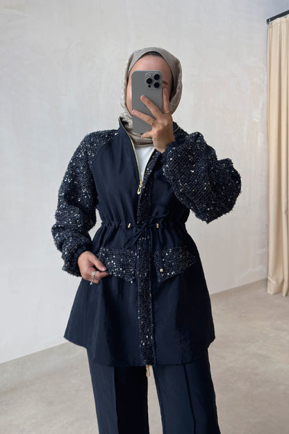 Sequin Two-Piece Suit with Drawstring Waist - Navy
