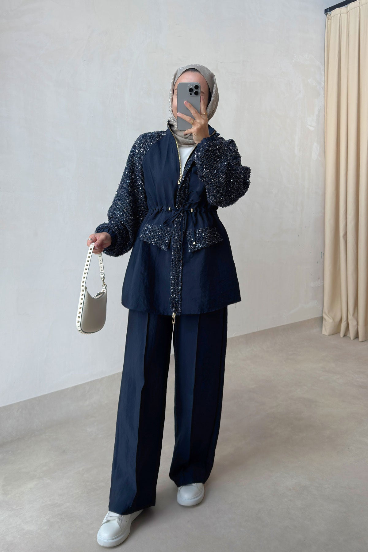 Sequin Two-Piece Suit with Drawstring Waist - Navy