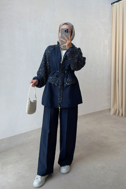 Sequin Two-Piece Suit with Drawstring Waist - Navy