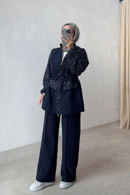 Sequin Two-Piece Suit with Drawstring Waist - Navy