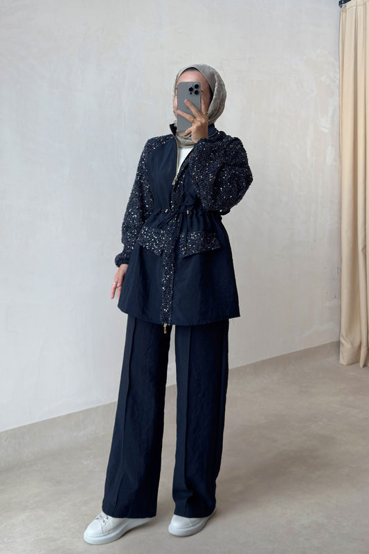Sequin Two-Piece Suit with Drawstring Waist - Navy
