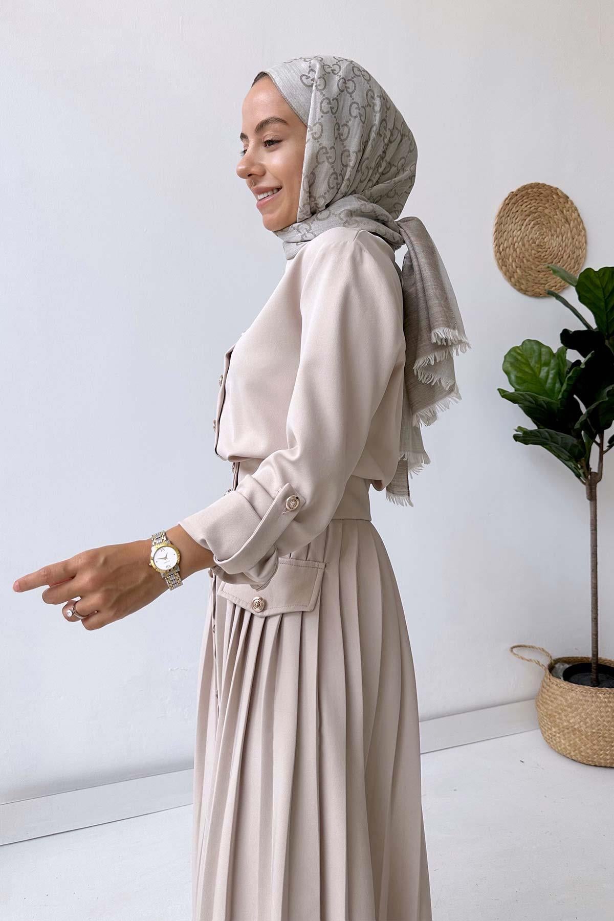 Pleated Shirt Collar Dress - Beige