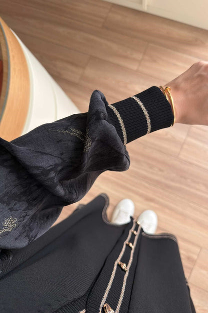 Stripe Detail Silk Cupra Black Mercerized Cardigan