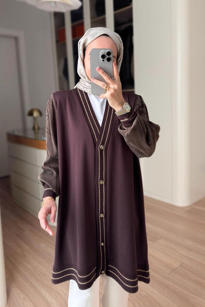 Stripe Detail Silk Cupra Brown Mercerized Cardigan