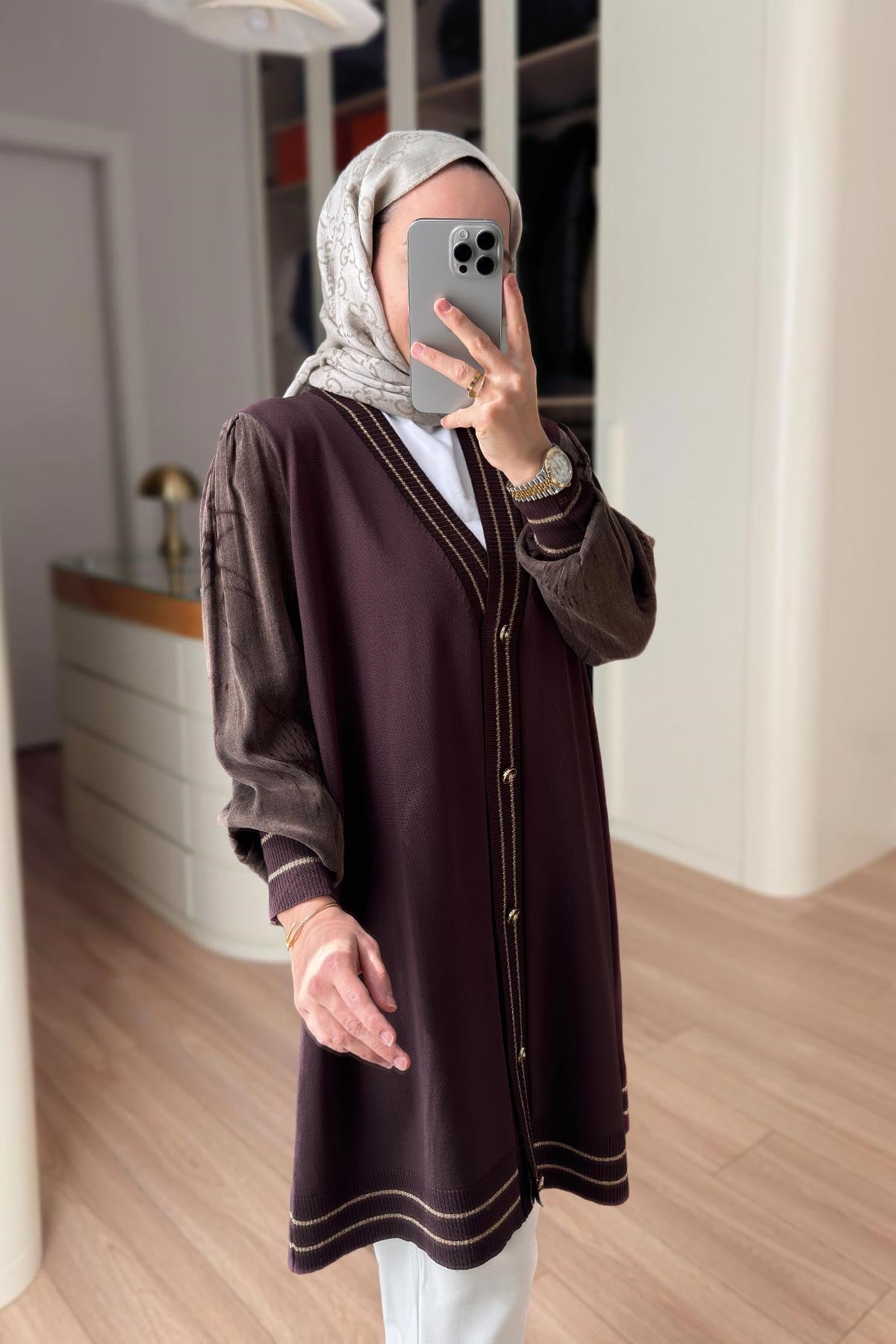 Stripe Detail Silk Cupra Brown Mercerized Cardigan