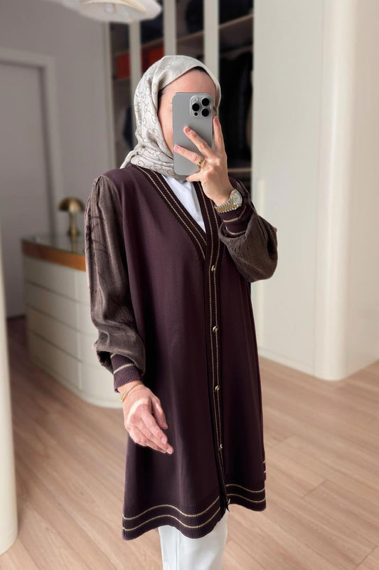 Stripe Detail Silk Cupra Brown Mercerized Cardigan