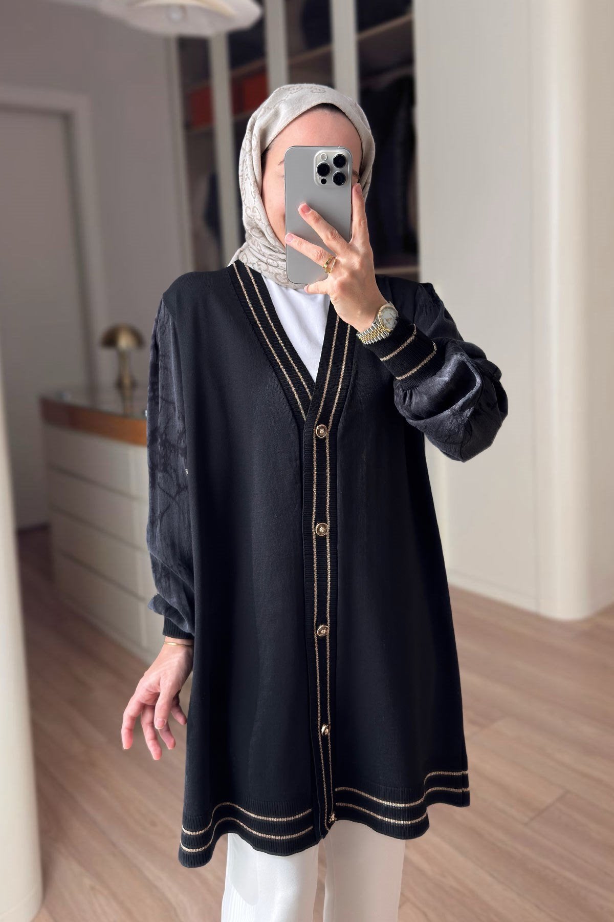 Stripe Detail Silk Cupra Black Mercerized Cardigan