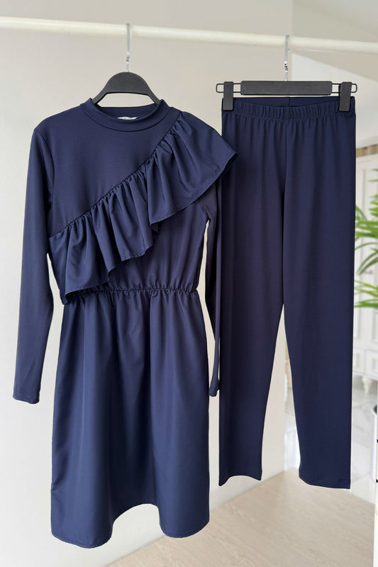Ruffle Detail Modest Swimsuit - Navy Blue