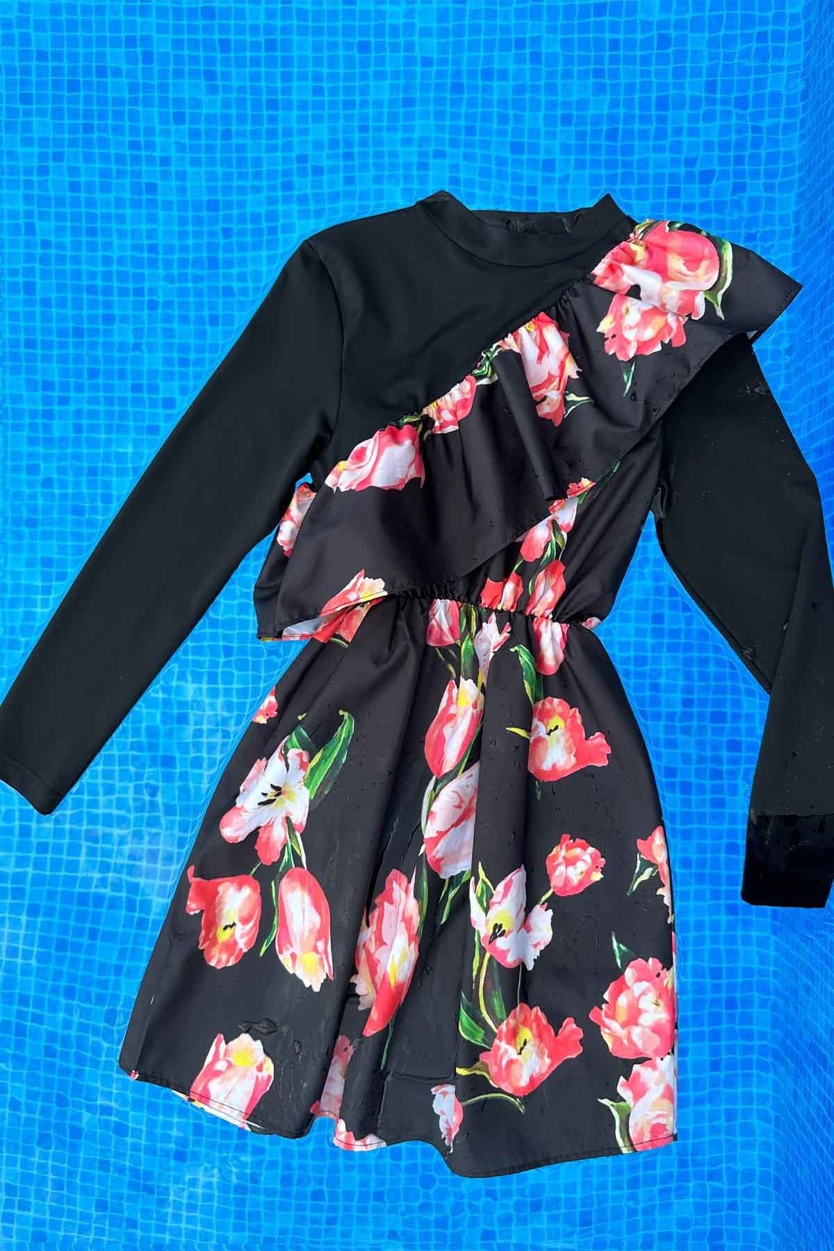 Tulip Ruffle Detail Hijab Swimsuit/Burkini - Black