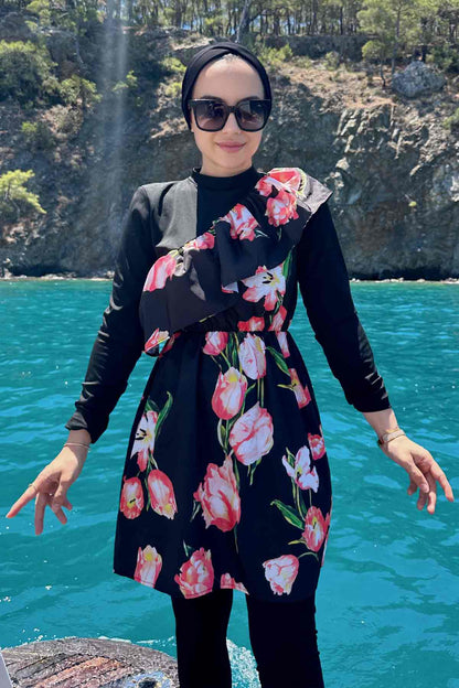 Tulip Ruffle Detail Hijab Swimsuit/Burkini - Black