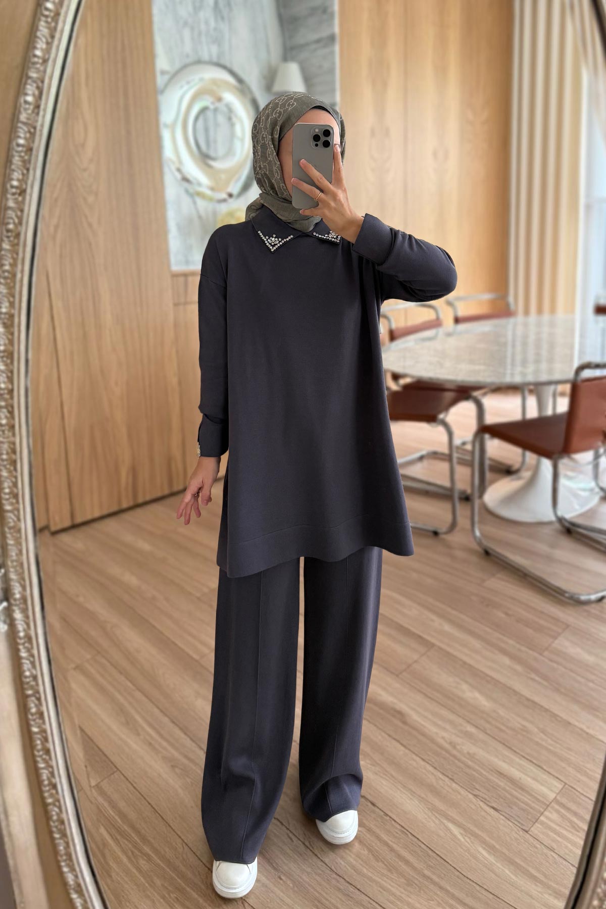 Slit Detail Stoned Mercerized Suit - Smoked Colored