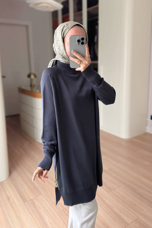 Side Zipper Basic Dark Grey Mercerized Tunic