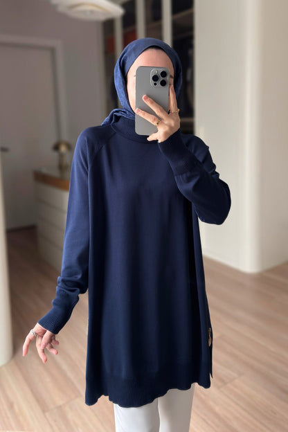 Side Zipper Basic Navy Mercerized Tunic