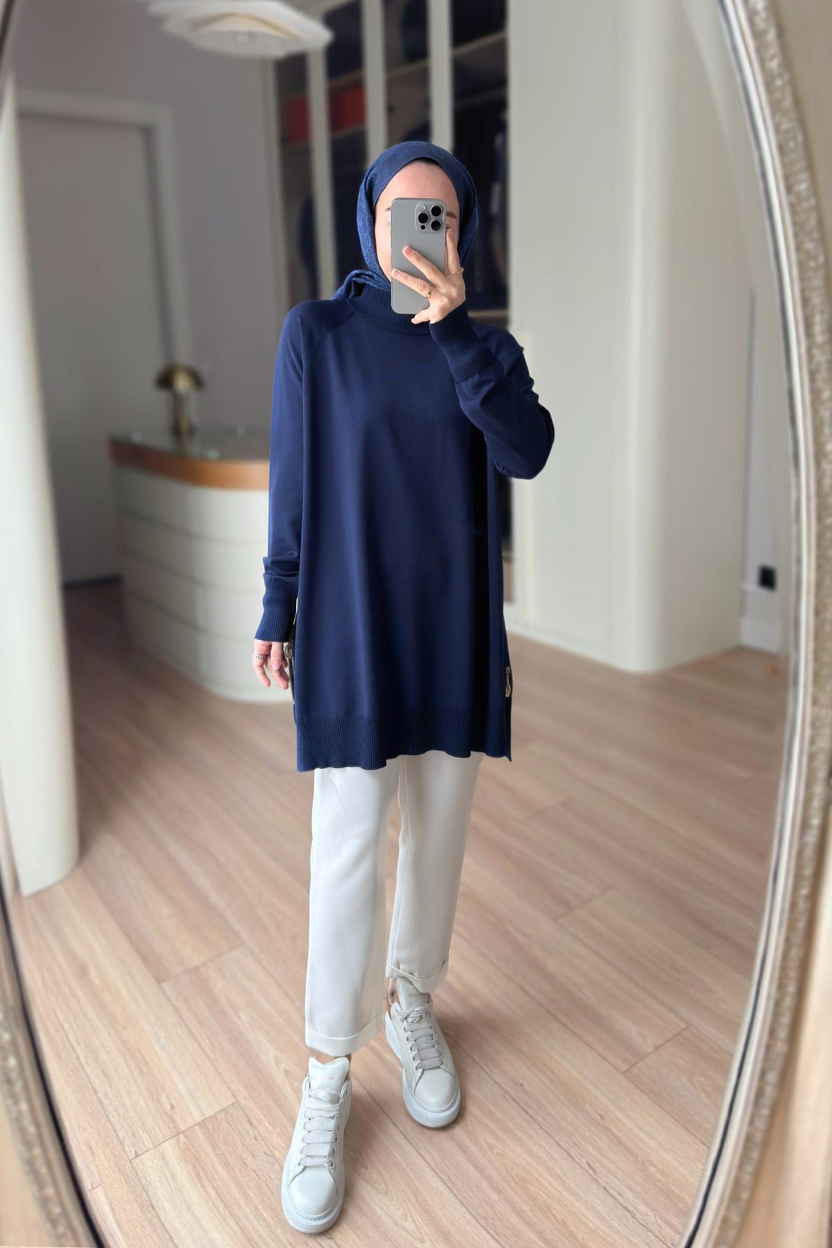 Side Zipper Basic Navy Mercerized Tunic