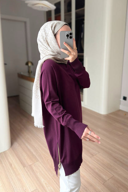 Side Zipper Basic Plum Mercerized Tunic
