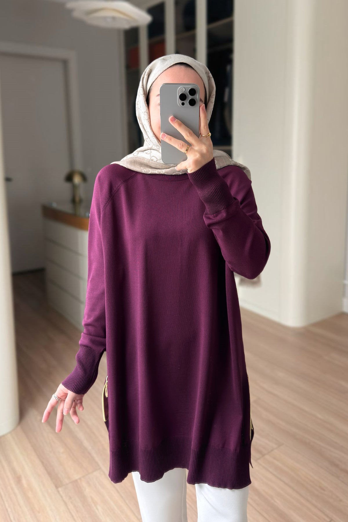 Side Zipper Basic Plum Mercerized Tunic
