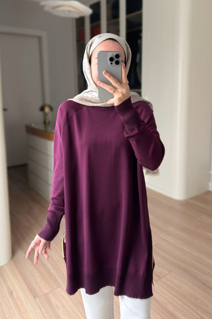 Side Zipper Basic Plum Mercerized Tunic