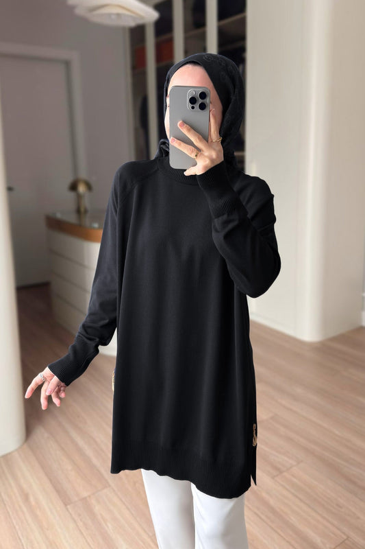 Side Zipper Basic Black Mercerized Tunic