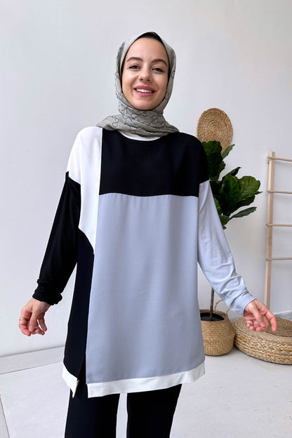 Double Color Crepe Duo Suit - Black