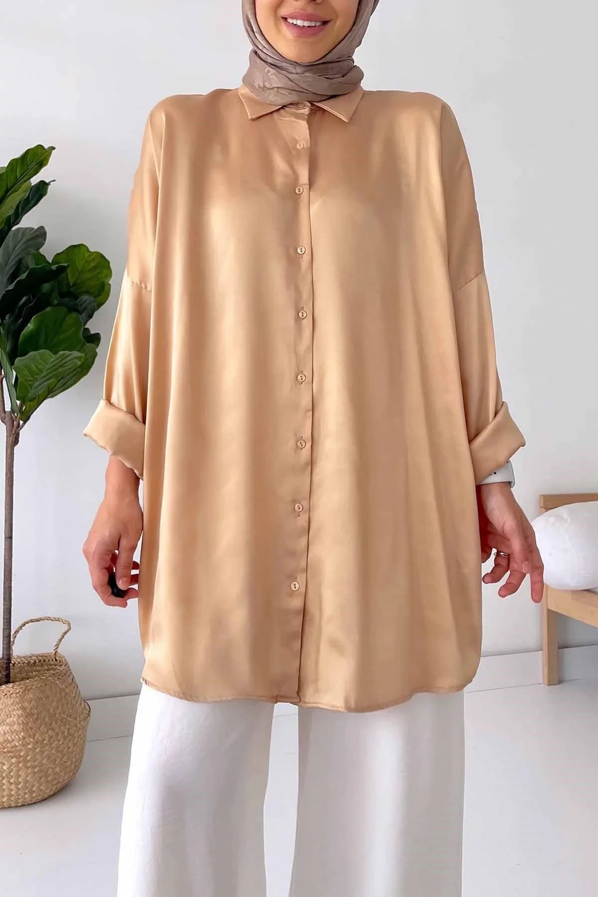 Oversize Satin Shirt - Camel