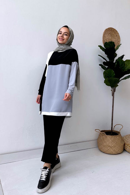 Double Color Crepe Duo Suit - Black