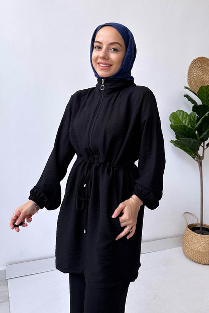 Collar Detail Beltied Suit - Black