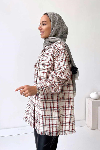Plaid Double Pocket Tweed Jacket/Shirt - Beige/Burgundy