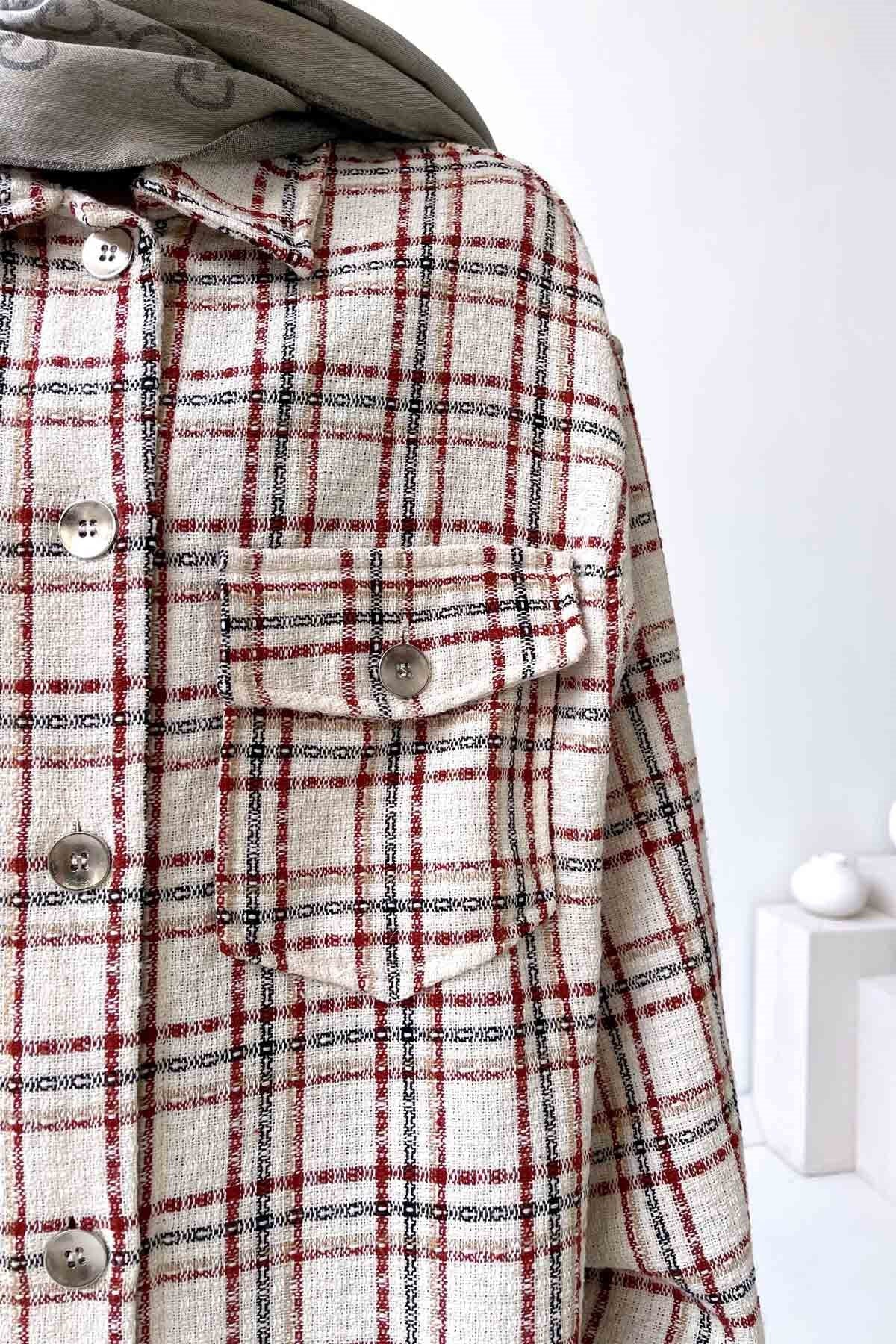 Plaid Double Pocket Tweed Jacket/Shirt - Beige/Burgundy