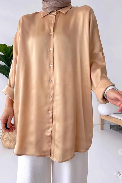Oversize Satin Shirt - Camel