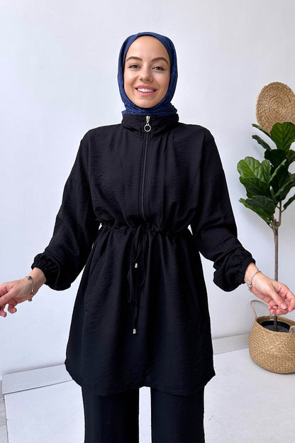 Collar Detail Beltied Suit - Black