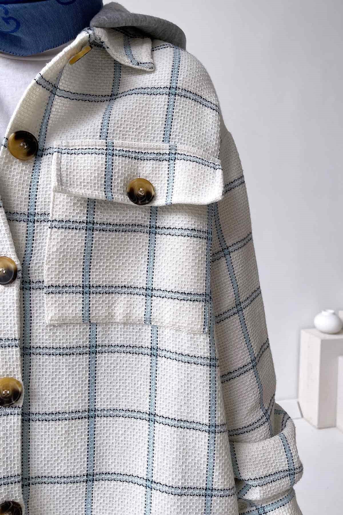 Pocket Detail Hooded Shirt - White & Blue