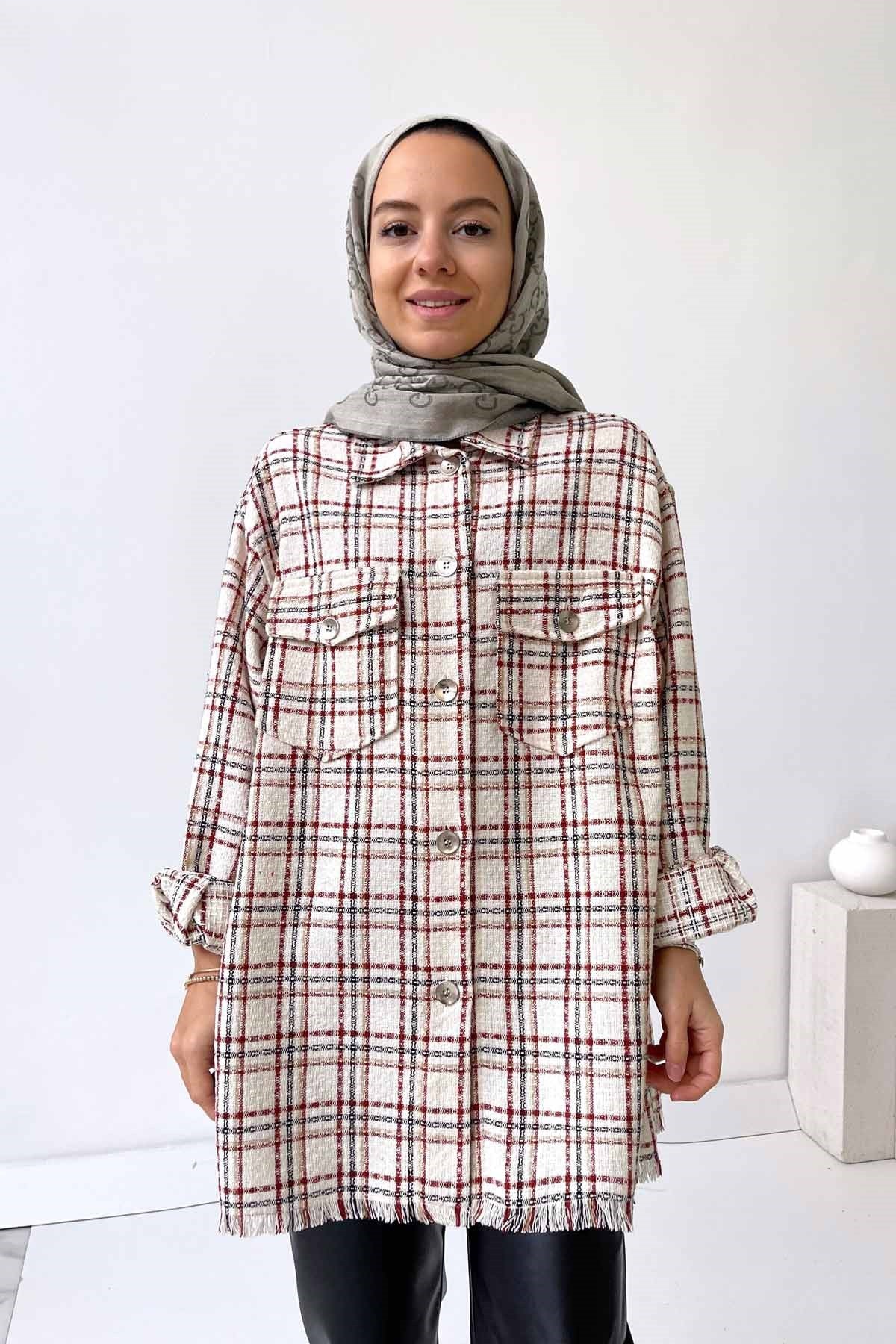 Plaid Double Pocket Tweed Jacket/Shirt - Beige/Burgundy